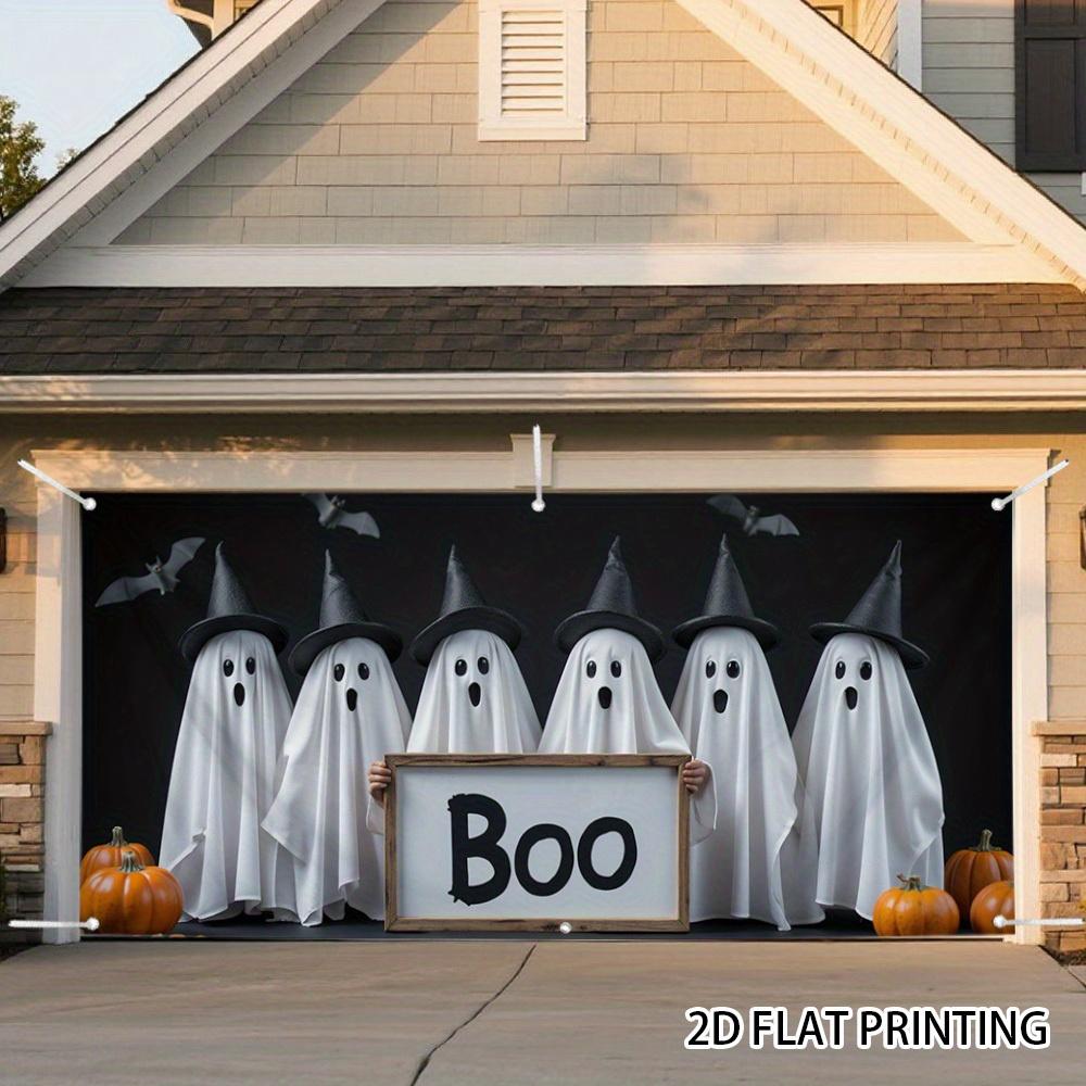 2D Door Banner, 1pc Halloween Garage Banner - Ghost and Bat Design, 2D Flat Printing, Polyester Material