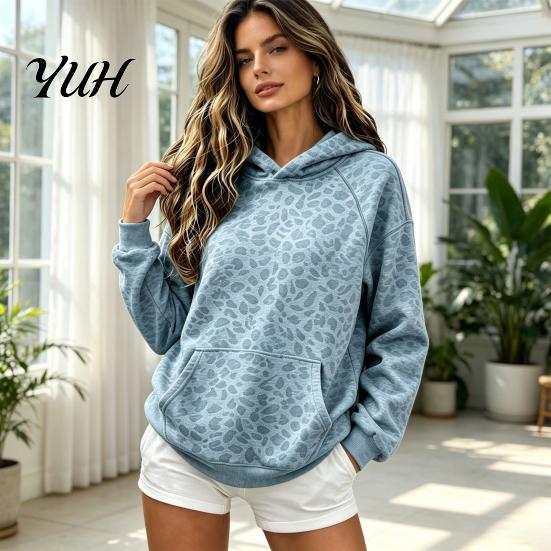 Leopard Print Sweatshirt Women Hoodie, Oversized Drop Shoulder Hooded with Pocket, Loose Casual Pullover Top Long Sleeve for Autumn Winter Warm