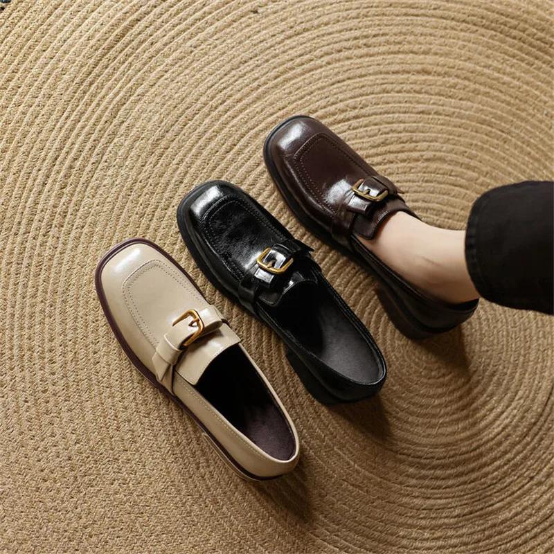 Fashion New Autumn Winter Split Leather Women Pumps Shoes for Women French Square Toe Loafers Zapatos Mujer Chunky Heels Ladies Shoes