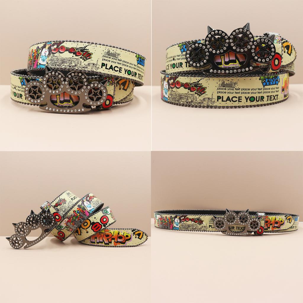 Tiger Claw Rhinestone Buckle Head Smooth Buckle Printed Graffiti Casual Personalized Belt Belt European and American Versatile