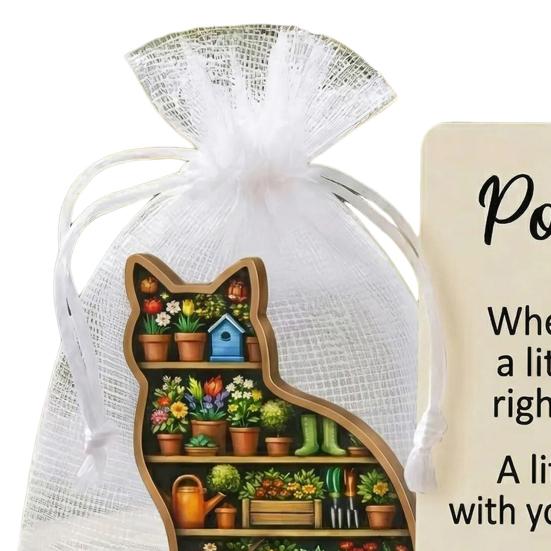 Garden Cat Pocket Hug 2D Cute Cat-Shaped Figurine with Inspirational Positive Card Pocket-Sized Comfort Keepsake for Friends Family