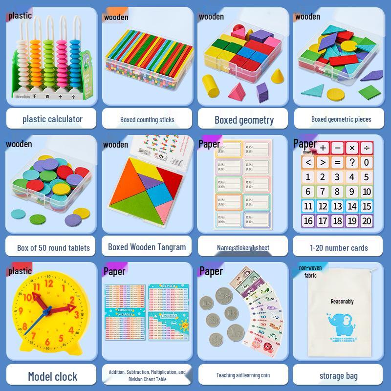 First Grade Math Teaching Aid Set with 3D Geometric Figures and Arithmetic Tools