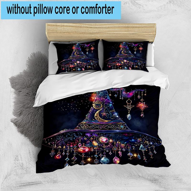 Witch's Hat And Crescent Moon 3pcs Bedding,Including 1pc Duvet Cover And 2pcs Pillowcases Perfect for Christmas,Ideal for Bedroom, Dormitory