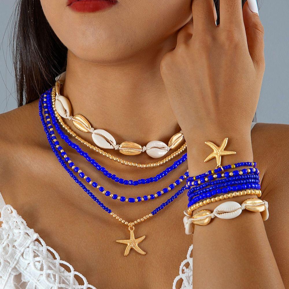 Star Bead Braided Rope Bracelet Rice Bead Beach Choker Fashion Bohemian Style Necklace  Girls