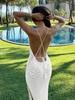 Elegant White Knit Long Dress for Women, Sleeveless, Backless, Perfect for Cruise, Party & Casual Summer K10