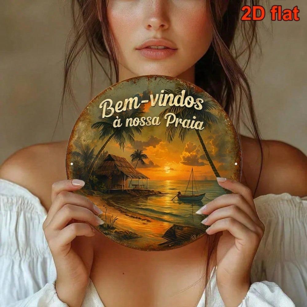 Vintage Portuguese Welcome Sign 8 Inch Round 2D Flat Aluminum Wall Decor Bem-Vindos a Nossa Praia Lettering Rustproof Metal
