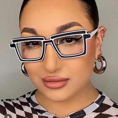 Women's Glasses Anti-Blue Light Fashion Personality Retro Rectangular Plain Glasses Fashion Street Shooting Student Commuting Glasses EMA