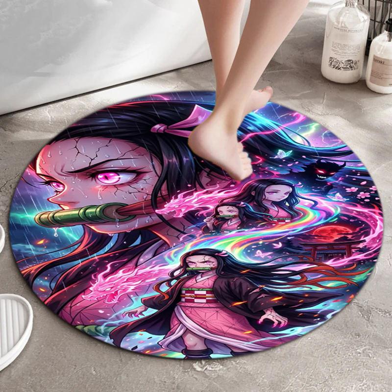 Classic Japanese-style Cartoon Demon Slayer Round Rug, Home Soft Decorative Anti-slip Yoga Mat and Chair Mat, Outdoor Floor Mat Carpet K27