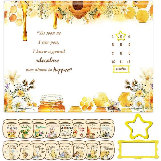 Winnie Milestone Blanket,The Pooh Baby Nursery Decor Monthly Milestone Blanket,Winnie Baby Stuff Newborn Photography Background Decor, with Party Flower