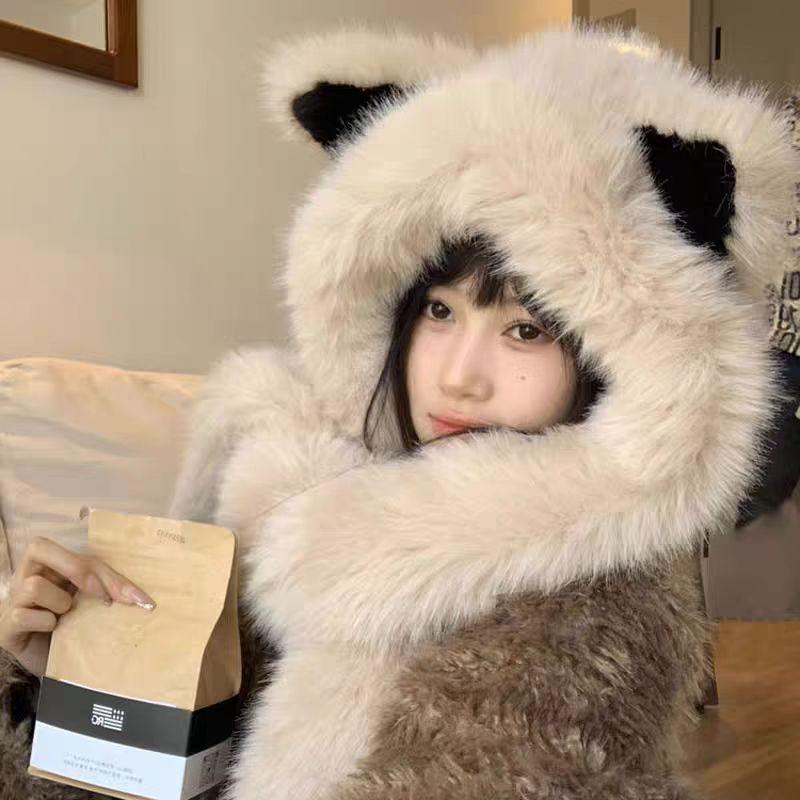 

Утолщенные плюшевые лисьи ушки, шапка, шарф, интегрированная защита от холода и теплая защита шеи осенью и зимой, подчеркивающие маленькое лицо one size fits all бежевый