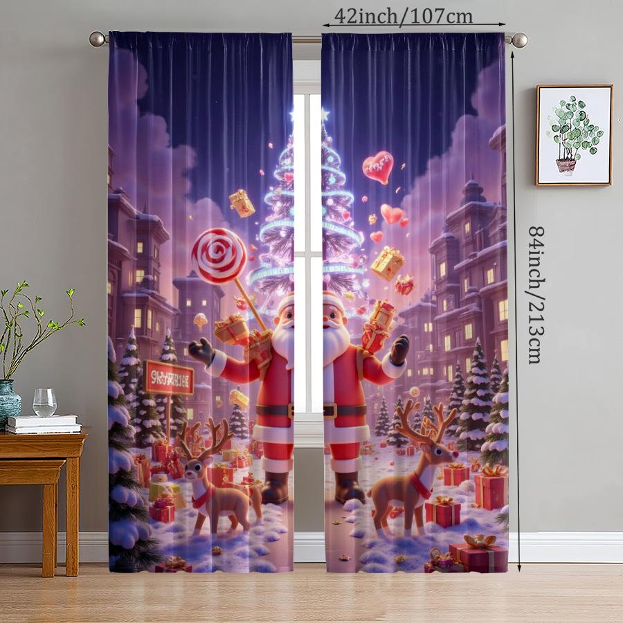 Christmas Santa Claus Tree Pattern Printed Curtains Decorations Home Room Set Of 2 Made Polyester Elegant