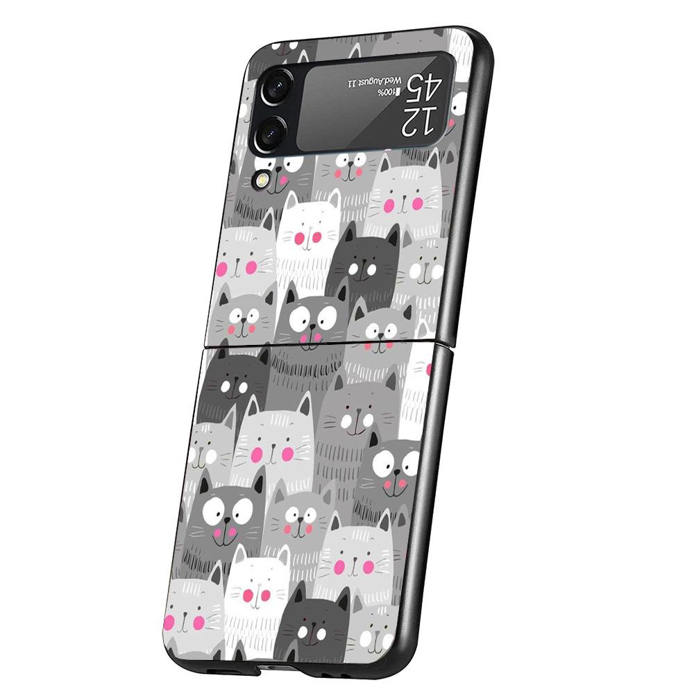 Cartoon Cute Cats Background Case Phone Cover for Samsung Galaxy Z Flip 6 5 4 3 5G ZFlip6 ZFlip5 ZFlip4 ZFlip3 Black Hard Trend