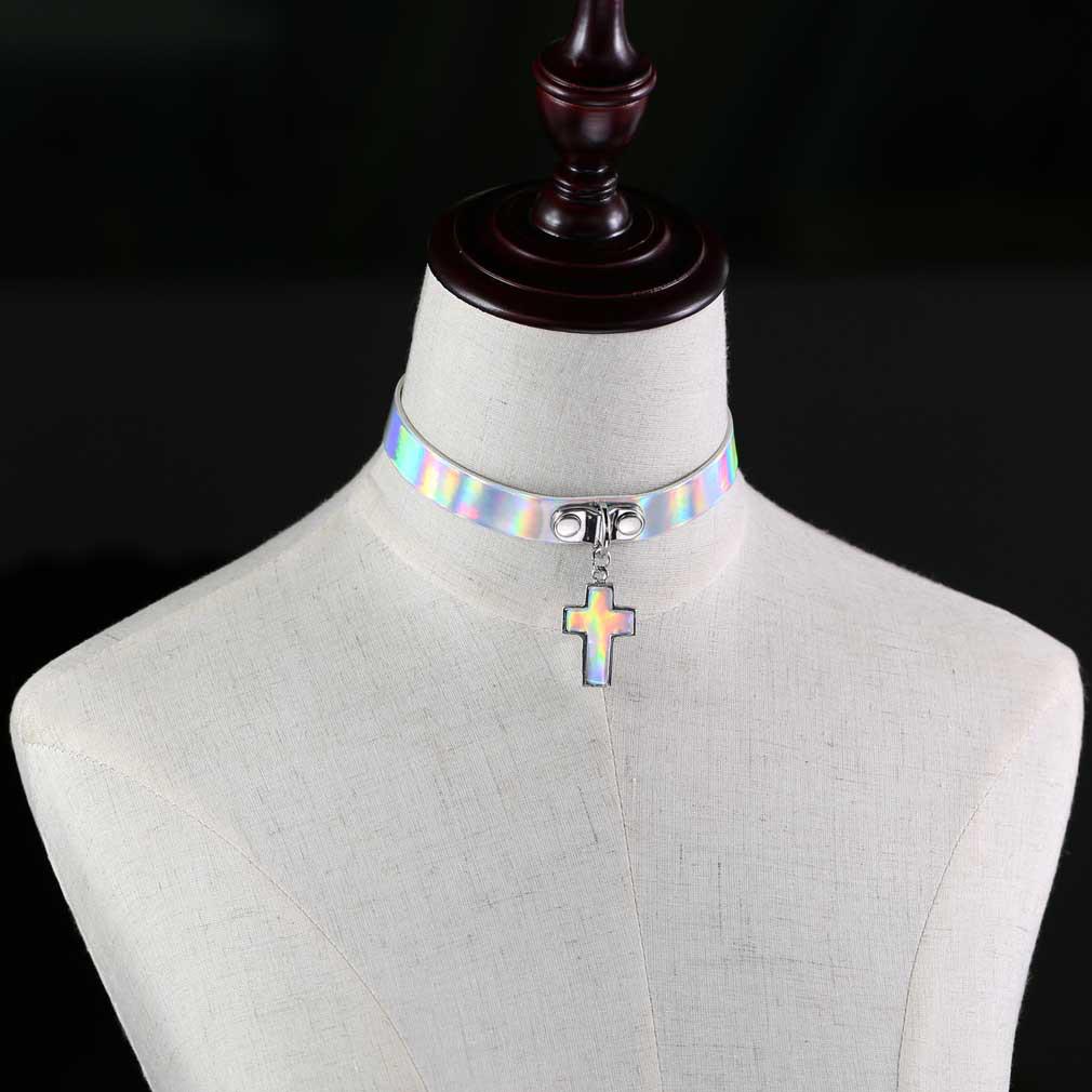 Cross Laser Glow Choker, Gothic Cross Luminous Short Leather Clavicle Necklace
