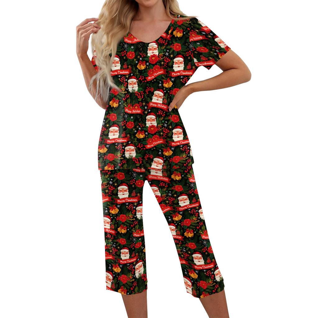 Women's Christmas Print Two Piece Athletic Outfit Short Sleeve Top and Casual Pants