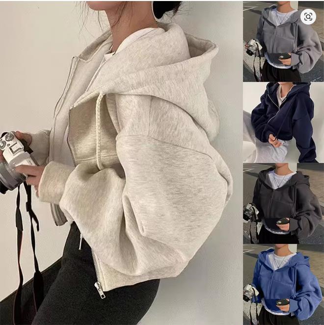 Spring Autumn Insfleece-lined Versatile Cropped Slims Smooths Silhouette Zip-up Warm Navy Blue Hooded Sweatshirt Women