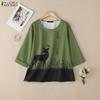 ZANZEA Women Casual Round Neck 3/4 Sleeve Loose Print Blouse