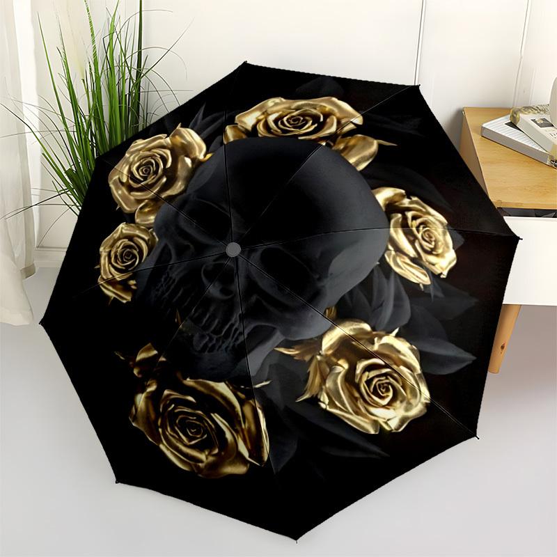 1pc Skull Roses Automatic Umbrella - Stylish, Durable, with 8-Rib Manual Open Design, Elegant Black Handleyy250920104