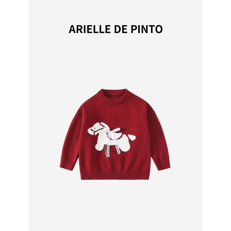 French Arielle De Pinto Girls' Winter Sweater, Red New Year's Greeting Knitwear for the Year of the Horse