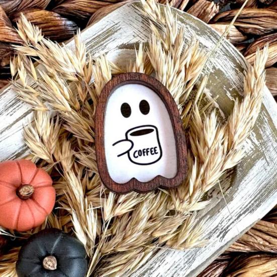Halloween Coffee Ghost Decoration Wooden Ghost Sign Halloween Tabletop Centerpiece for Home Coffee Bar Tiered Tray Fireplace Shelf Table Decor