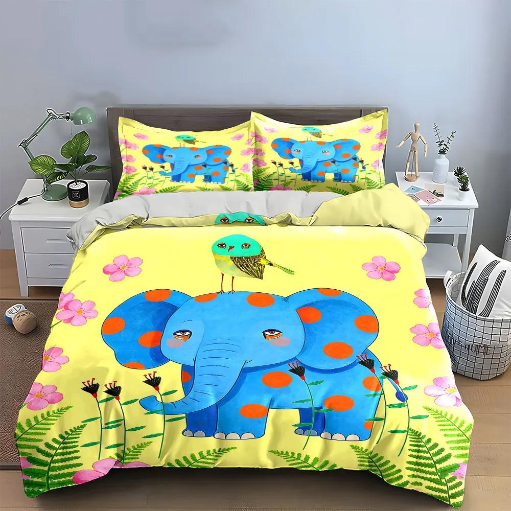 Cute Elephant Trio Home Decor Soft Comfortable Duvet Cover Bedding Set Included 1*Duvet Cover & 2*Pillowcases gift
