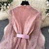 French Light Luxury Socialite Heavy Industry Bead Flower Strap Waist Lantern Sleeve Single-breasted Lace Ruffle Dress