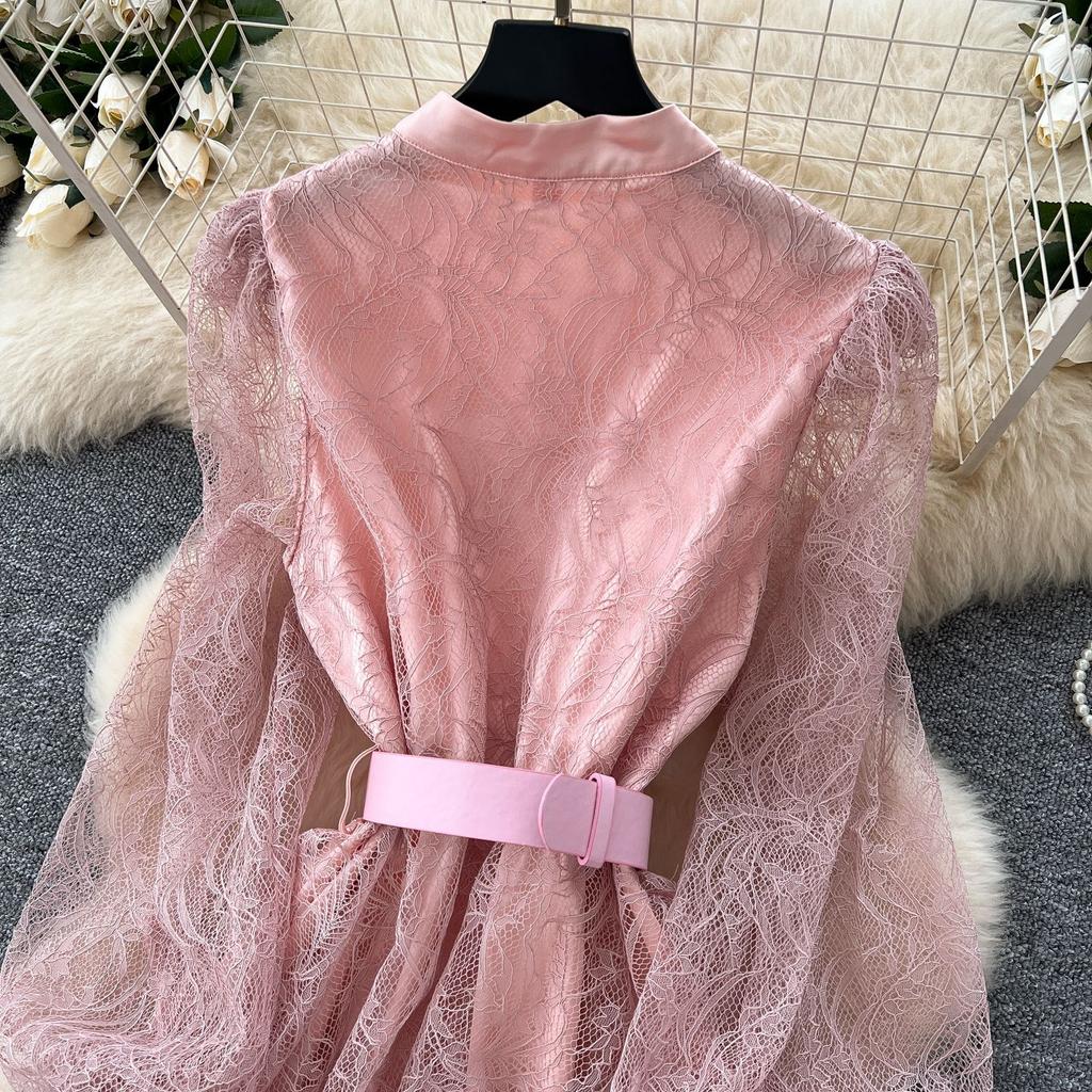 French Light Luxury Socialite Heavy Industry Bead Flower Strap Waist Lantern Sleeve Single-breasted Lace Ruffle Dress