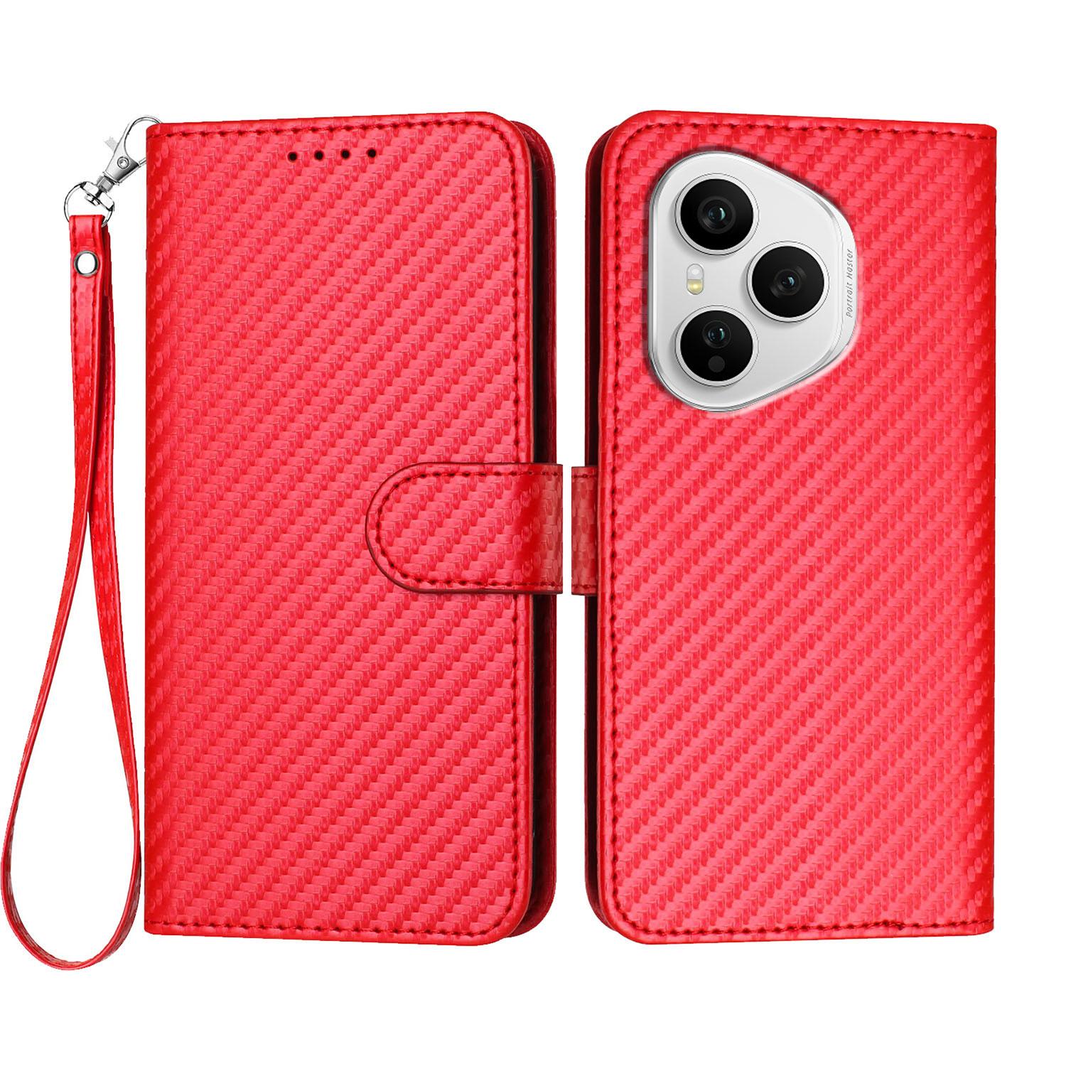 

Для Honor 400 Pro 5G (Глобальный) Чехол-кошелек с ремешком, кожаный чехол для мобильного телефона с текстурой углеродного волокна Red