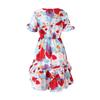 Women Fashion Printed Dress Short Sleeve V-neck Mini Dress Flouncing Hem Bow-tied Summer Dress
