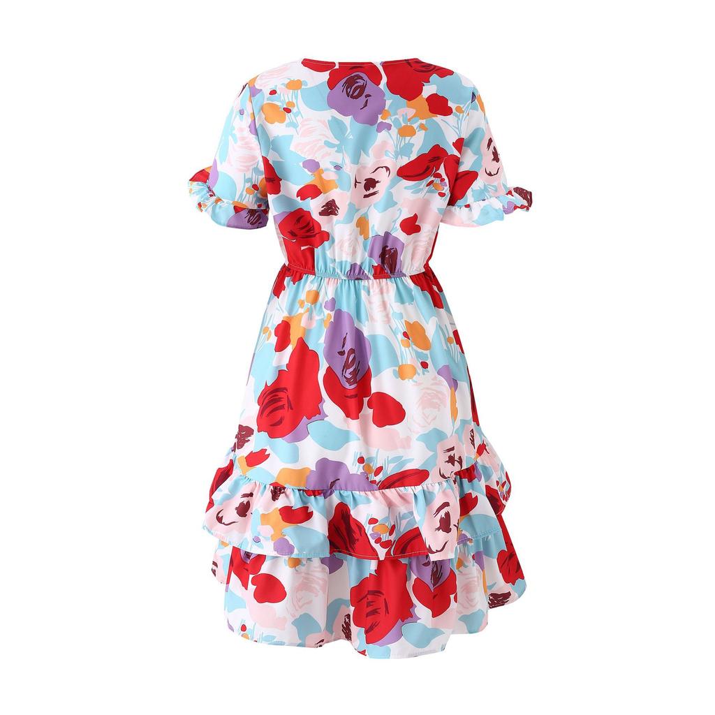 Women Fashion Printed Dress Short Sleeve V-neck Mini Dress Flouncing Hem Bow-tied Summer Dress