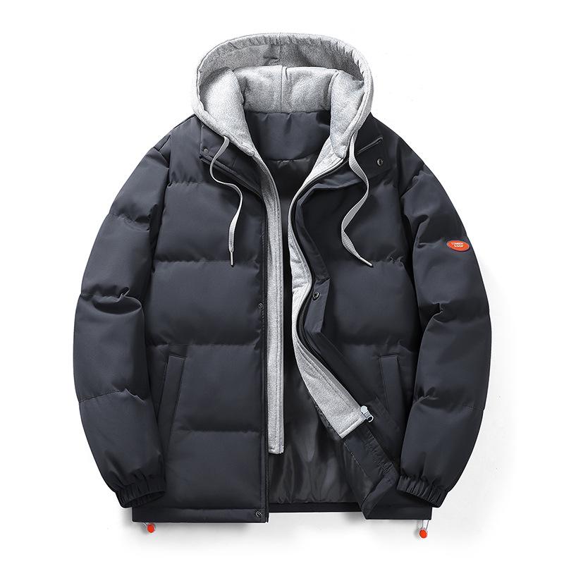 Men's Trendy Winter Cotton Jacket: Loose Fit, Hooded, Fake Two-Piece Design, Thickened for Warmth
