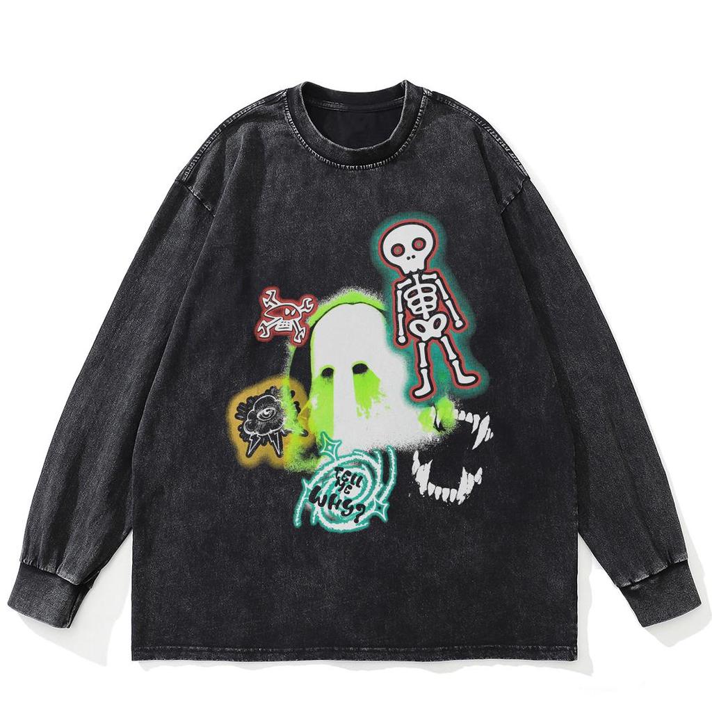 Streetwear Both Sides Funny Skeleton Graphic Washed Black T-Shirt Cotton Unisex Plus Size Long Sleeves T Shirt
