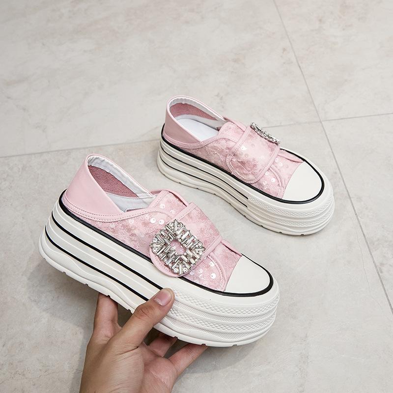 2025 summer new thick-soled casual Velcro board shoes student versatile diamond buckle breathable sequin mesh women's shoes are not stuffy