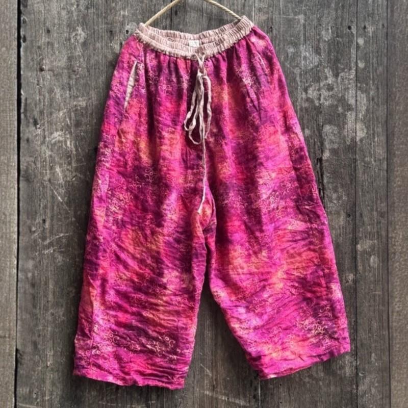 Johnature Women Vintage Wide Leg Pants Elastic Waist Pockets Autumn Loose Trousers Print Floral Belt Soft Pants