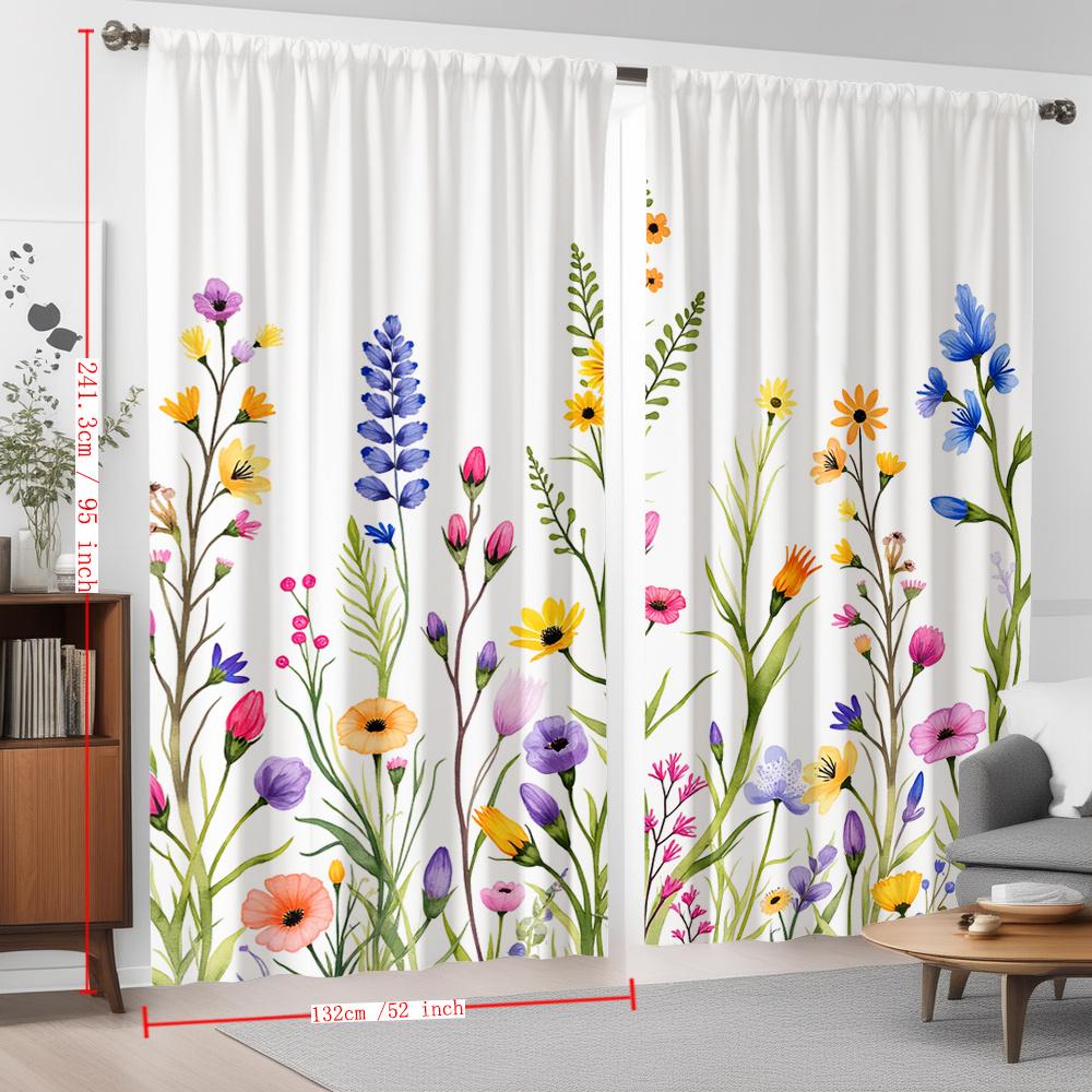 Watercolor Wildflower Curtains Set of 2 Rod Pocket Semi Sheer for Living Room Bedroom Decor