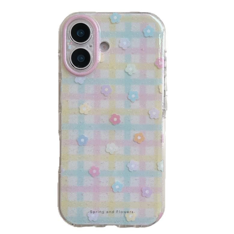 Plaid 3D Flower Pendant Phone Case for iPhone 17, 16 Pro Max/15 Pro - Girly Style