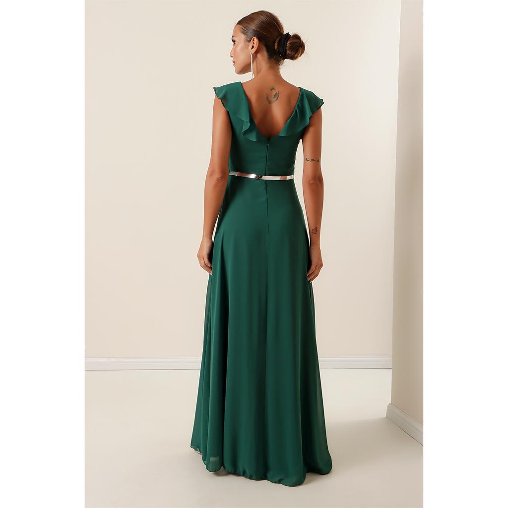 Šifon Dlouhé šaty s rozparkem a límečkem