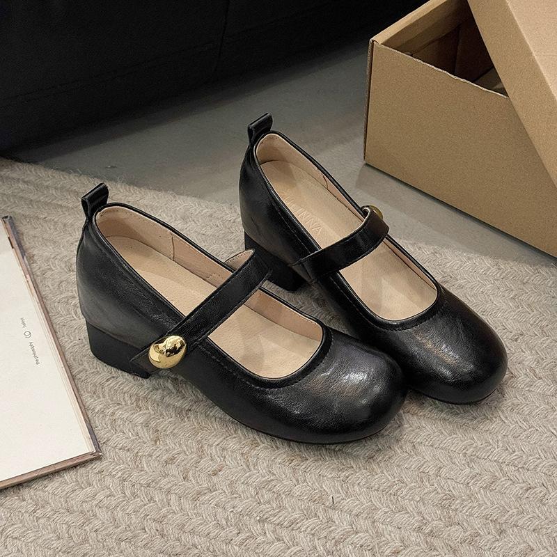 French inner height increase thick heel shallow mouth single shoes women's 2025 new summer and autumn Mary Jane small leather shoes ballet evenin