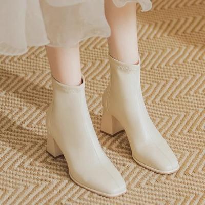 Mode 2024 Damen Winter Neue Mode Runde Spitze Einfarbig Lederoberfläche Schlichter Reißverschluss hinten Bequeme Warme Nacktstiefel für Damen