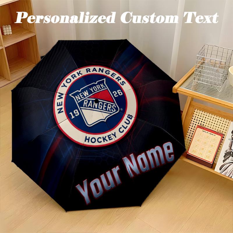 New York Rangers Automatic 8‑ribs Umbrella, Custom Name Text Personalized Folding Umbrella Rain Sun Gift