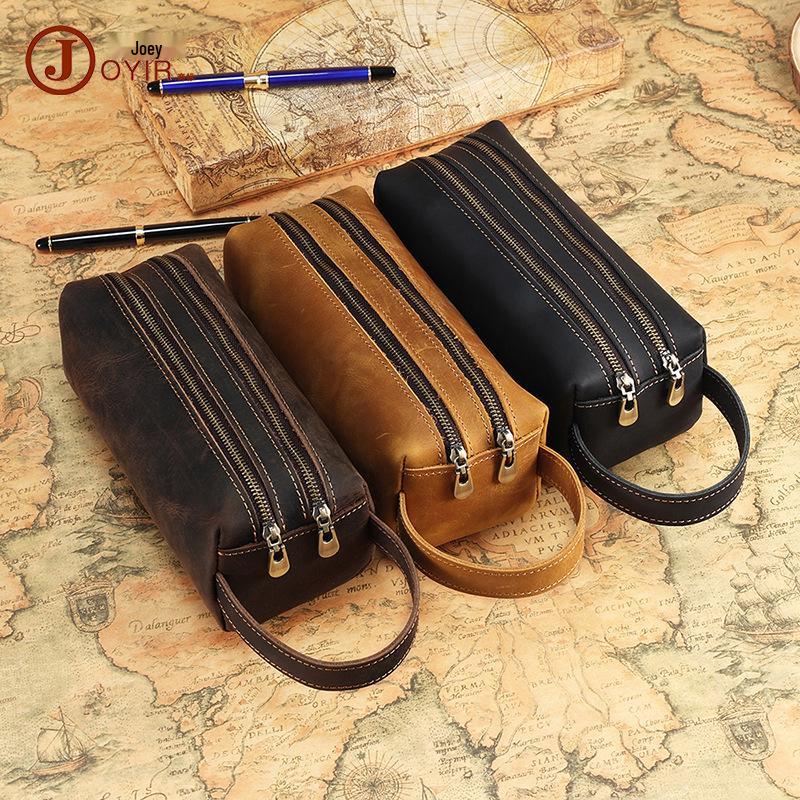 Kabelka psaníčko z pravé kůže Crazy Horse a pouzdro na tužky s dvojitým zipem - Multifunkční kreativní úložný dárek