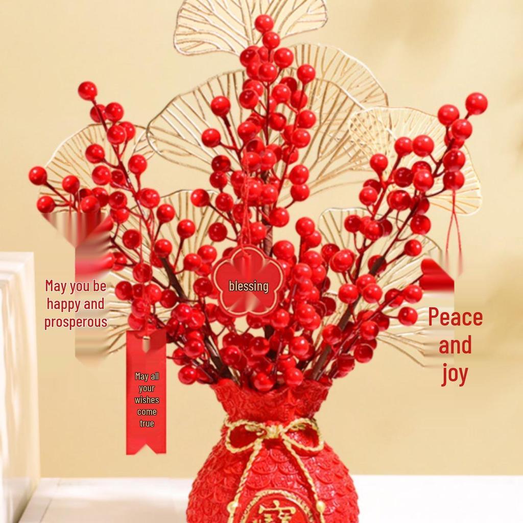 Fortune Red Fruit Floral Arrangement - Artificial Flowers for Living Room, New Year, Wedding, or Housewarming Decoration