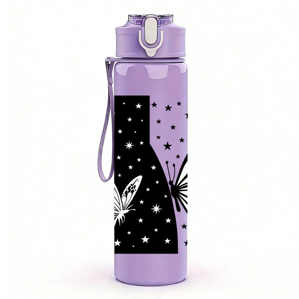 1PC Black White Butterfly Star Frame 750ml Color Plastic Sports Water Bottle Leakproof Flip Straw Lid For Sports Office Home Use