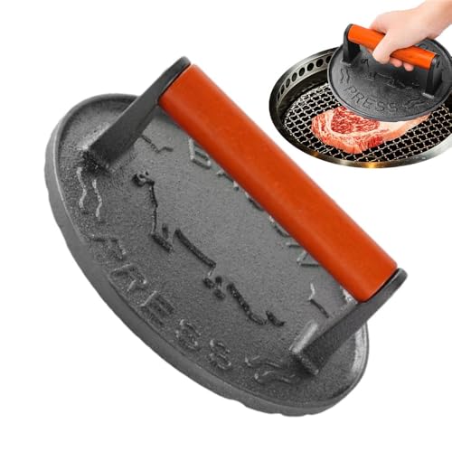 Cast Iron Hand Press, Non-Stick, Unpainted Hamburger Press with Beachwood Handle for Beach Parties and BBQs (Round)