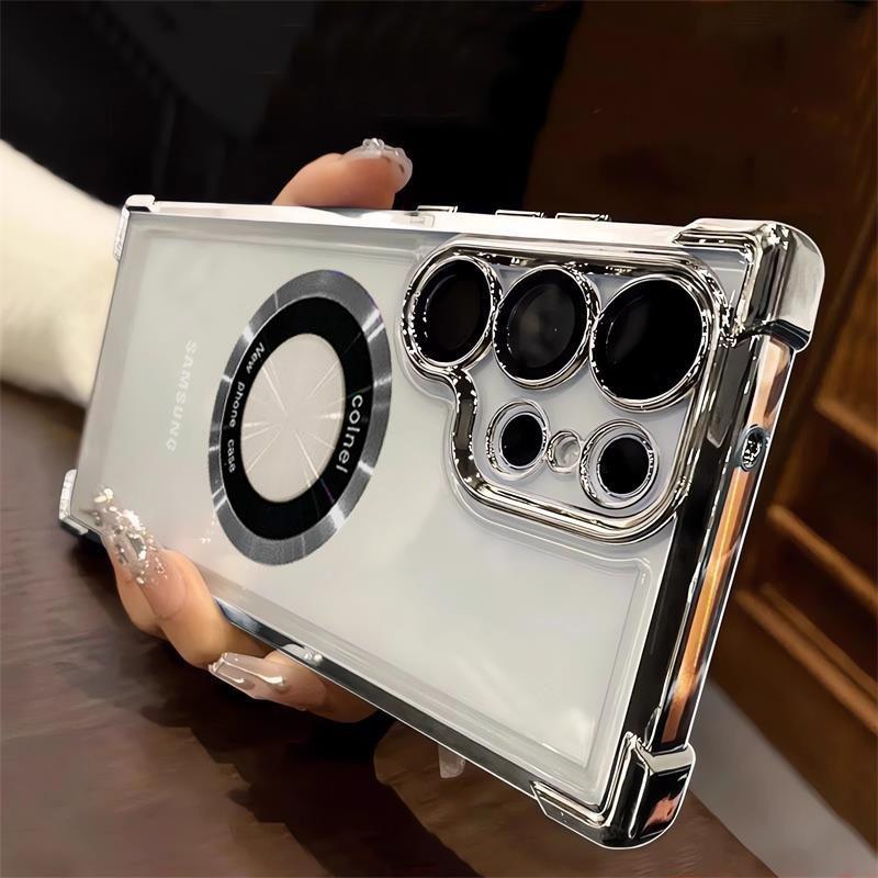 Suitable for Samsung S25 Ultra Mobile Phone Case Magnetic Absorption A55 Airbag Electroplating Transparent S24 Magnifying Glass S22 Protective Case
