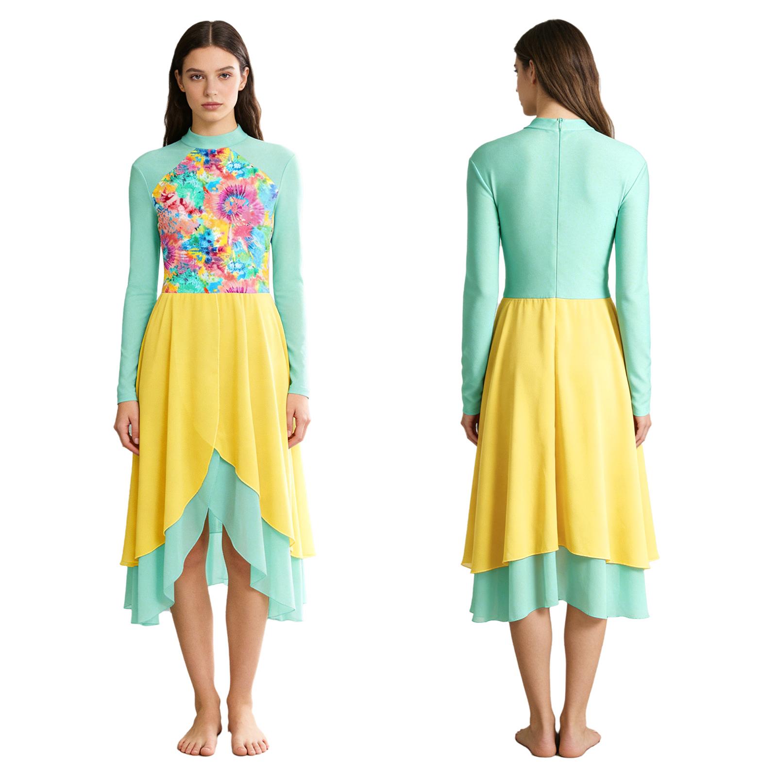 

Ladies Church Liturgical Dance Dress S-XXL Color Block Print Long Sleeve Tiered Chiffon Hem with Built-in Shorts for Praise Performance S жовтий