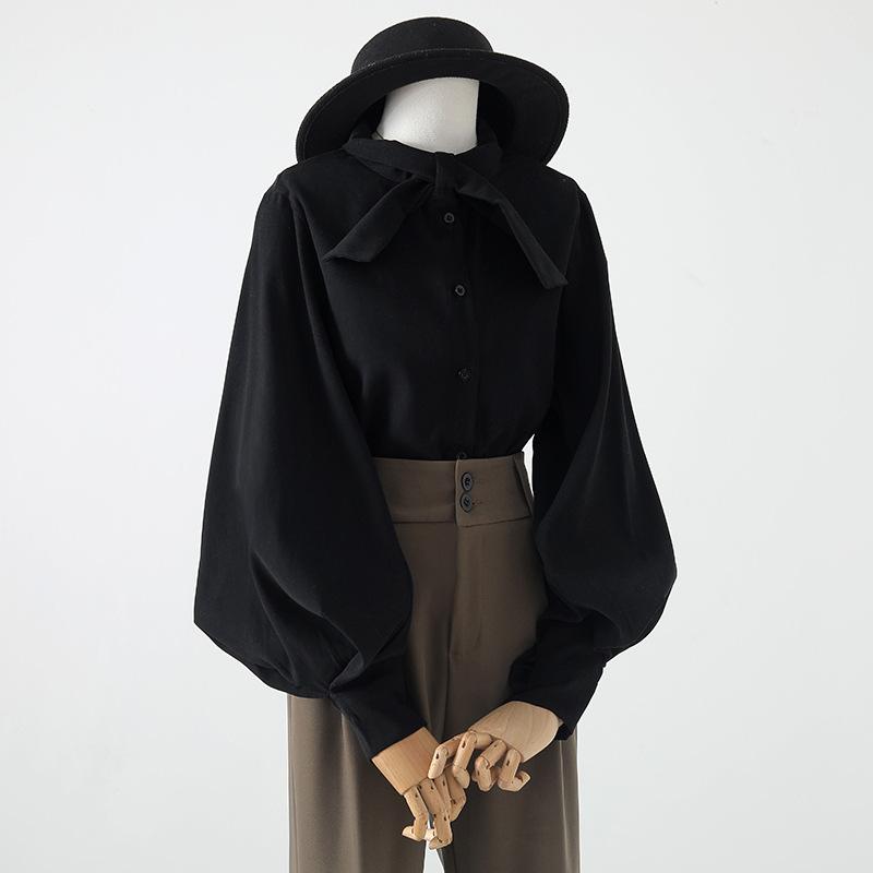 Spring and Autumn Women's Shirt Retro Bow Tie Single-breasted Temperament Lantern Sleeves Loose Casual Shirt Blouse