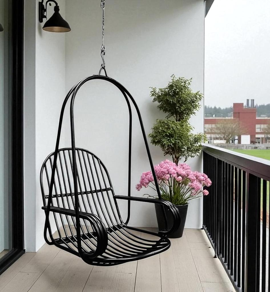 Black Powder Coated Stainless Steel Jhula for Indoor Outdoor Balcony | 150kg Capacity, Pre Assembled, Includes Cushion, Springs & Links