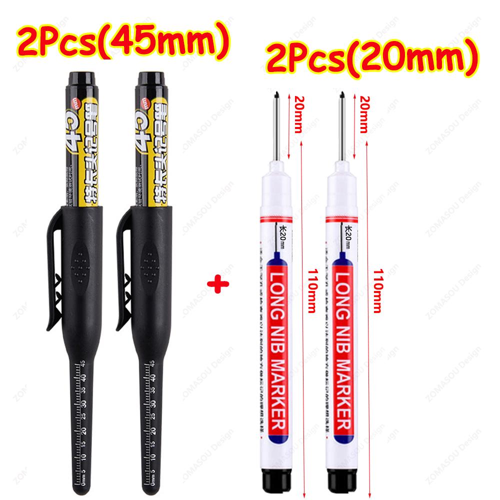 NEW Long Head Nib Deep Hole Markers Pen 20mm/45mm Waterproof White Tile Carpenter Pen for Woodworking Black/Blue/Red Ink