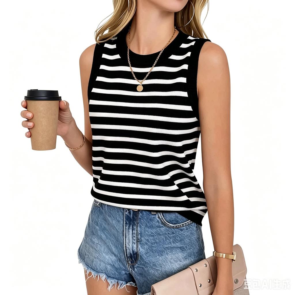Women Casual Sleeveless Pullover Tank Top Crew Neck Striped Knit Vest Summer Lightweight Comfortable Blouse