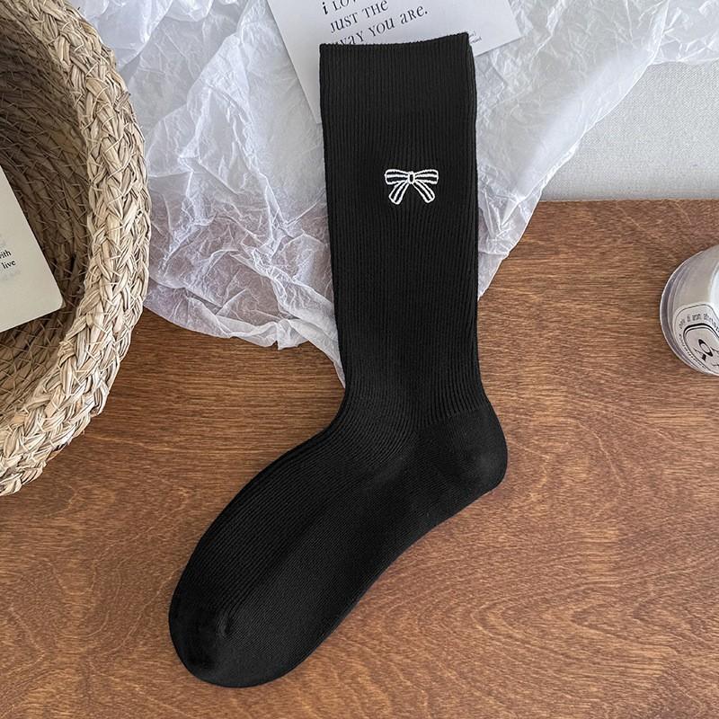 Embroidered Bow Socks Stacking Socks Season Pure Cotton Boneless Double Needle Cute Cotton Medium Tube Socks Women